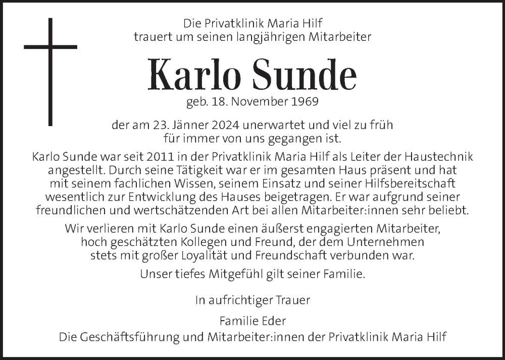  Traueranzeige für Karlo Sunde vom 25.01.2024 aus Kleine Zeitung
