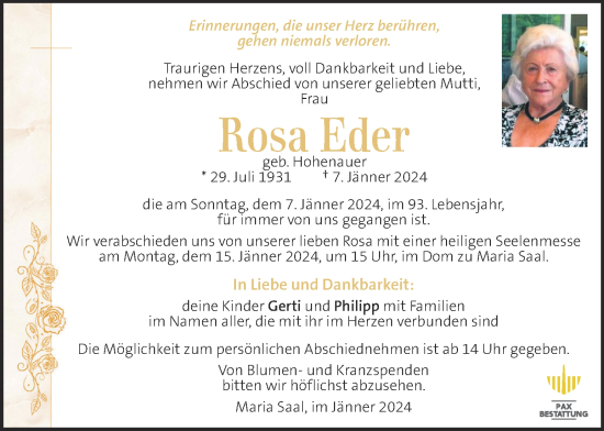 Traueranzeige von Rosa Eder von Kleine Zeitung