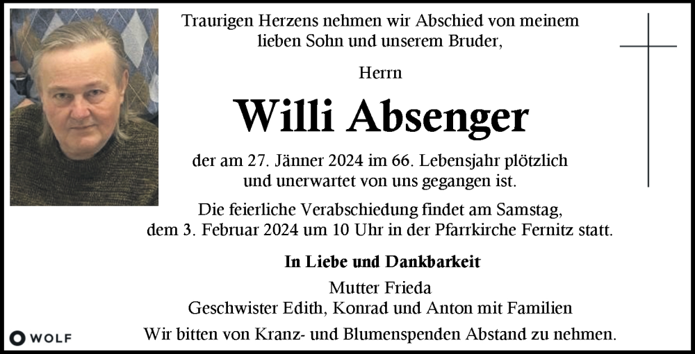  Traueranzeige für Willi Absenger vom 31.01.2024 aus Kleine Zeitung