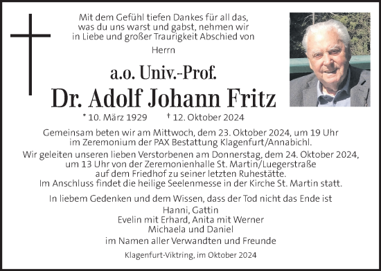 Traueranzeige von Adolf Johann Fritz von Kleine Zeitung