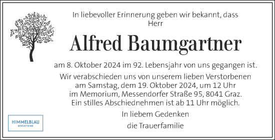 Traueranzeige von Alfred Baumgartner von Kleine Zeitung