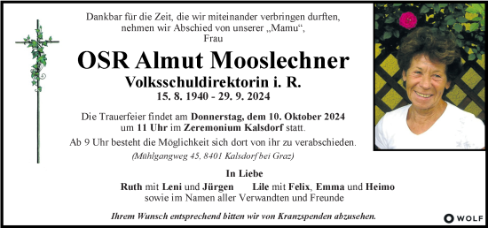 Traueranzeige von Almut Mooslechner von Kleine Zeitung