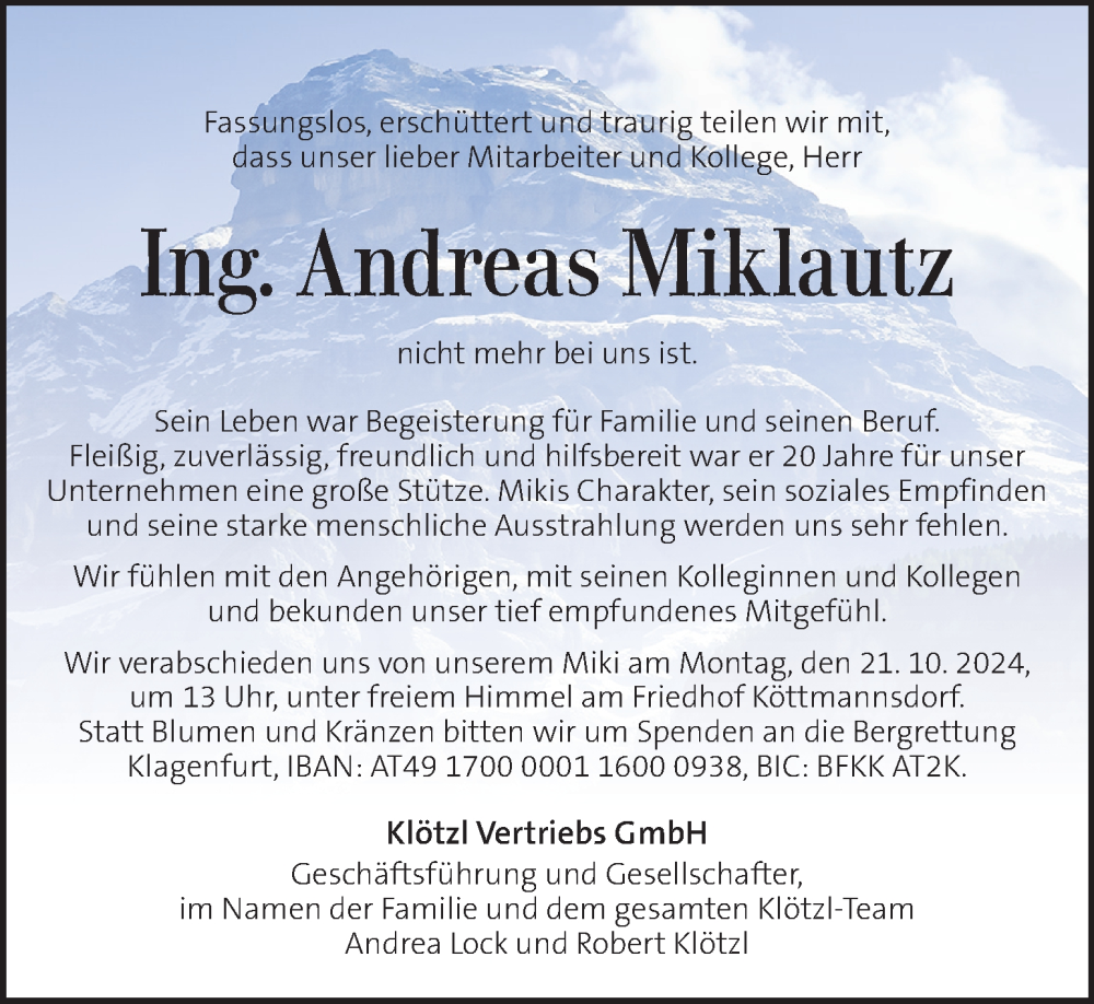  Traueranzeige für Andreas Miklautz vom 18.10.2024 aus Kleine Zeitung