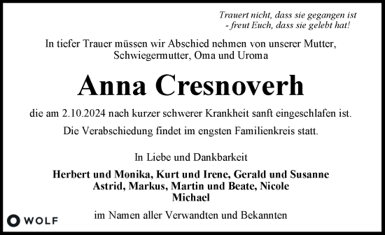 Traueranzeige von Anna Cresnoverh von Kleine Zeitung