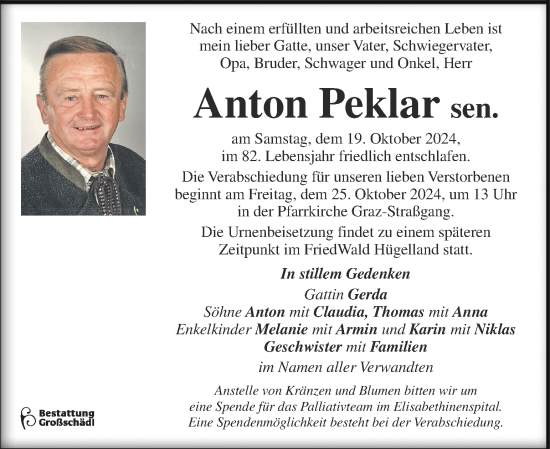 Traueranzeige von Anton Peklar sen. von Kleine Zeitung