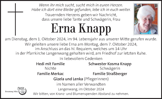 Traueranzeige von Erna Knapp von Kleine Zeitung