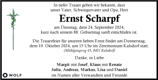 Traueranzeige von Ernst Scharpf von Kleine Zeitung