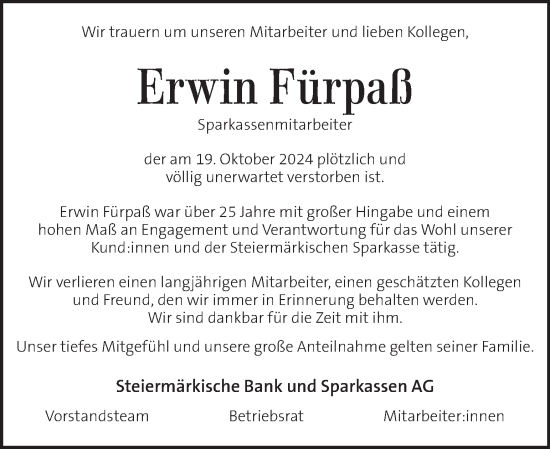 Traueranzeige von Erwin Fürpaß von Kleine Zeitung