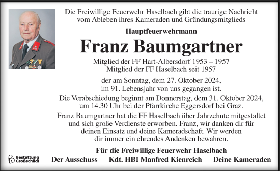 Traueranzeige von Franz Baumgartner von Kleine Zeitung