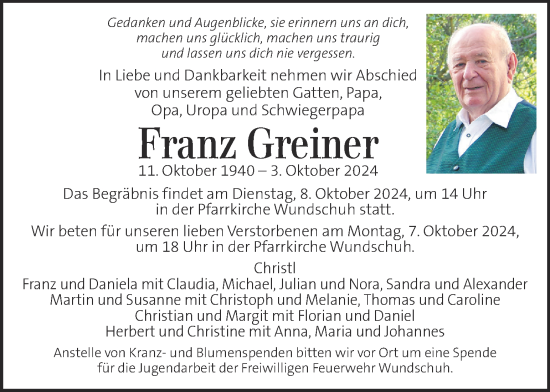 Traueranzeige von Franz Greiner von Kleine Zeitung