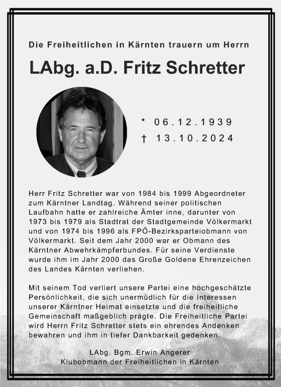 Traueranzeige von Fritz Schretter von Kleine Zeitung