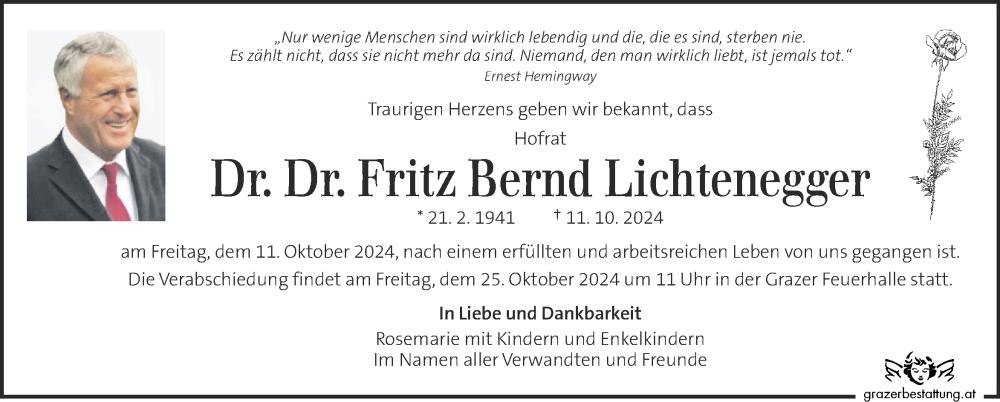  Traueranzeige für Fritz Bernd Lichtenegger vom 19.10.2024 aus Kleine Zeitung