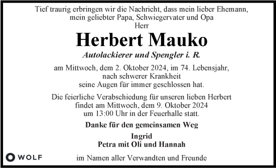 Traueranzeige von Herbert Mauko von Kleine Zeitung