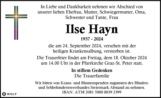 Traueranzeige von Ilse Hayn von Kleine Zeitung