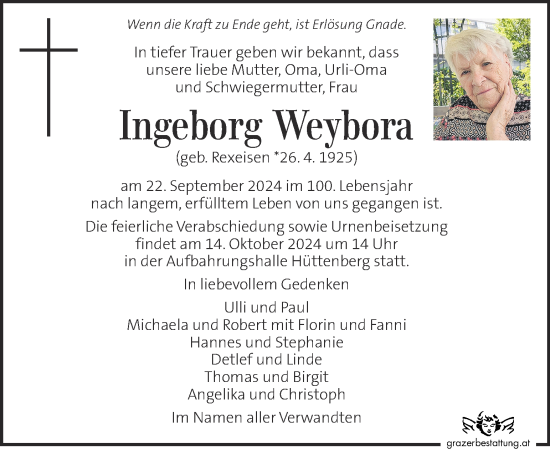 Traueranzeige von Ingeborg Weybora von Kleine Zeitung