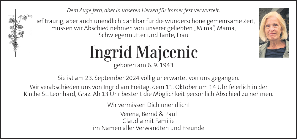  Traueranzeige für Ingrid Majcenic vom 08.10.2024 aus Kleine Zeitung