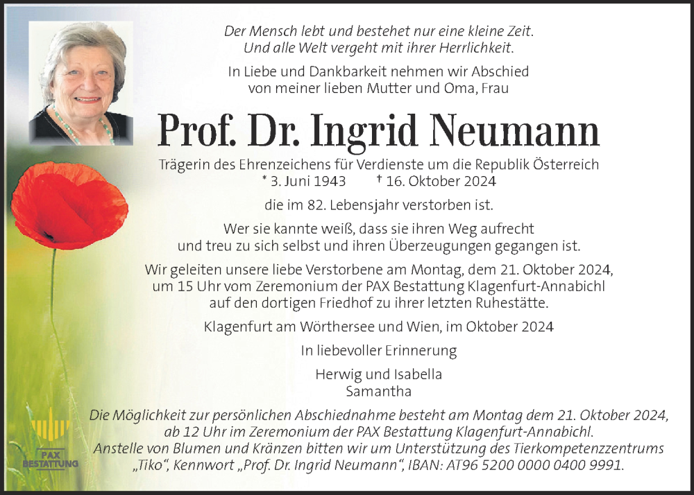  Traueranzeige für Ingrid Neumann vom 19.10.2024 aus Kleine Zeitung