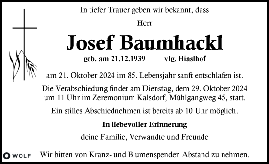 Traueranzeige von Josef Baumhackl von Kleine Zeitung