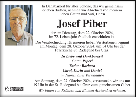 Traueranzeige von Josef Piber von Kleine Zeitung