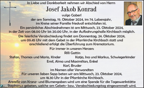 Traueranzeige von Josef Jakob Konrad von Kleine Zeitung