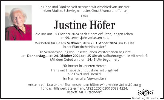 Traueranzeige von Justine Höfer von Kleine Zeitung