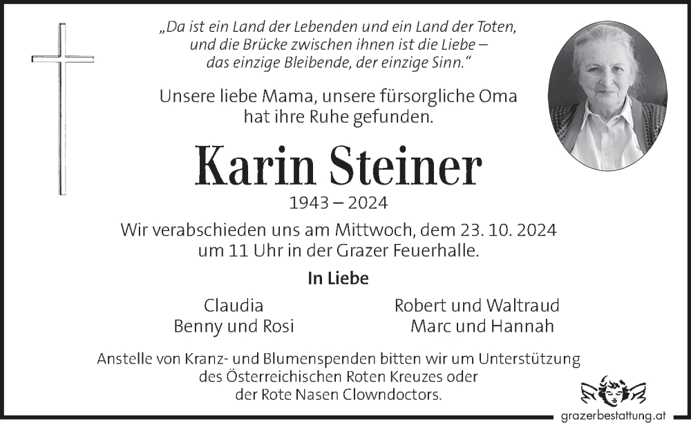  Traueranzeige für Karin Steiner vom 17.10.2024 aus Kleine Zeitung