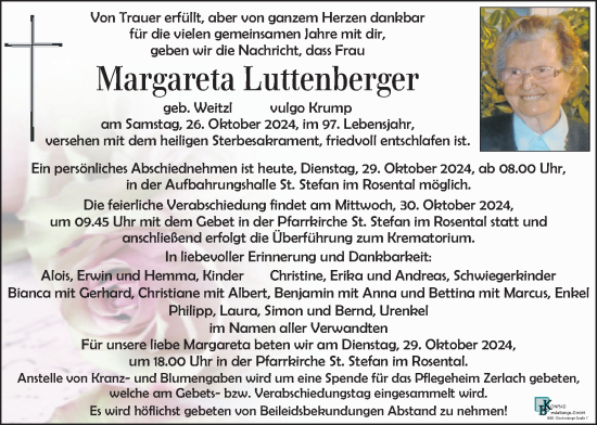 Traueranzeige von Margareta Luttenberger von Kleine Zeitung