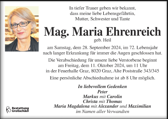 Traueranzeige von Maria Ehrenreich von Kleine Zeitung