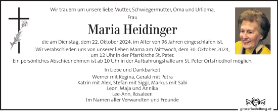 Traueranzeige von Maria Heidinger von Kleine Zeitung