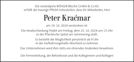 Traueranzeige von Peter Kracmar von Kleine Zeitung