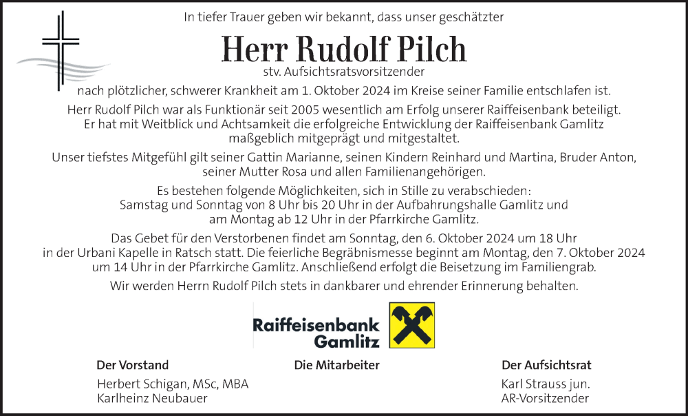  Traueranzeige für Rudolf Pilch vom 05.10.2024 aus Kleine Zeitung