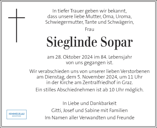 Traueranzeige von Sieglinde Sopar von Kleine Zeitung