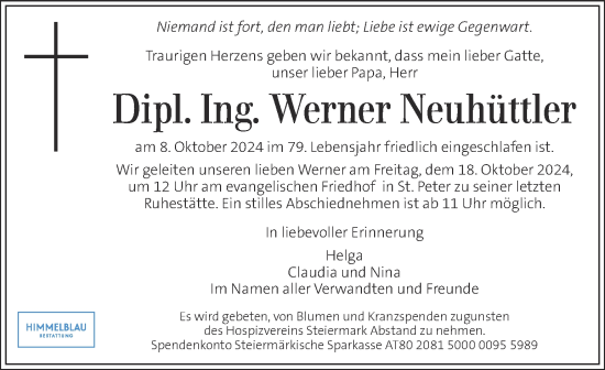 Traueranzeige von Werner Neuhüttler von Kleine Zeitung