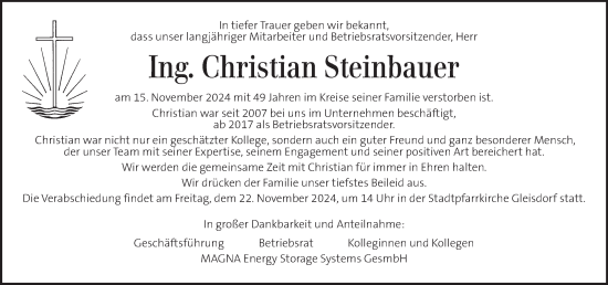 Traueranzeige von Christian Steinbauer von Kleine Zeitung