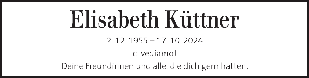  Traueranzeige für Elisabeth Küttner vom 13.11.2024 aus Kleine Zeitung