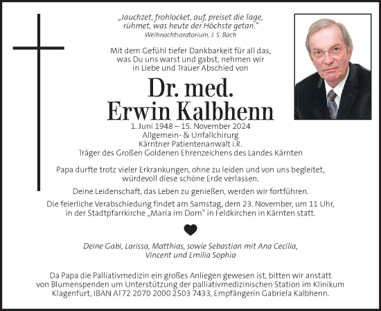 Traueranzeige von Erwin Kalbhenn von Kleine Zeitung