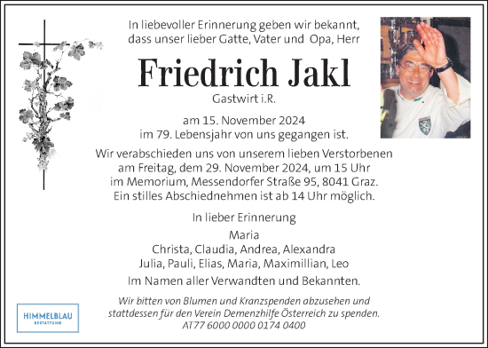 Traueranzeige von Friedrich Jakl von Kleine Zeitung