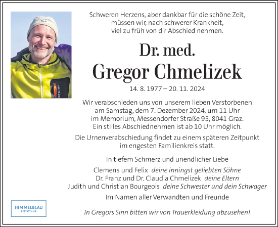 Traueranzeige von Gregor Chmelizek von Kleine Zeitung