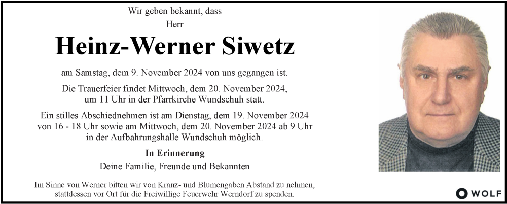  Traueranzeige für Heinz-Werner Siwetz vom 16.11.2024 aus Kleine Zeitung