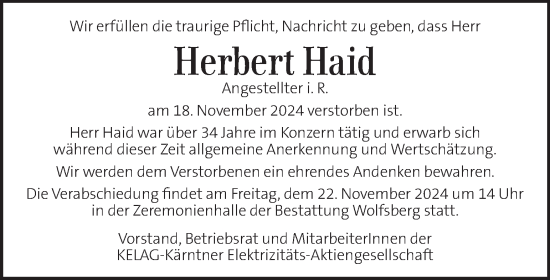 Traueranzeige von Herbert Haid von Kleine Zeitung