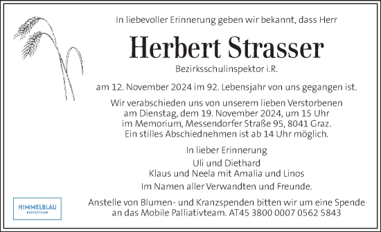 Traueranzeige von Herbert Strasser von Kleine Zeitung