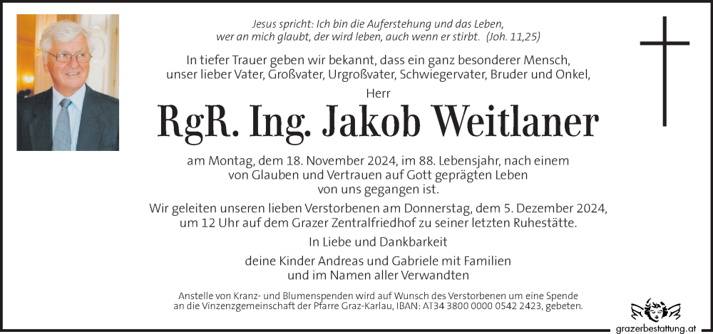  Traueranzeige für Jakob Weitlaner vom 24.11.2024 aus Kleine Zeitung