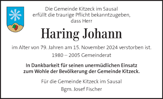 Traueranzeige von Johann Haring von Kleine Zeitung