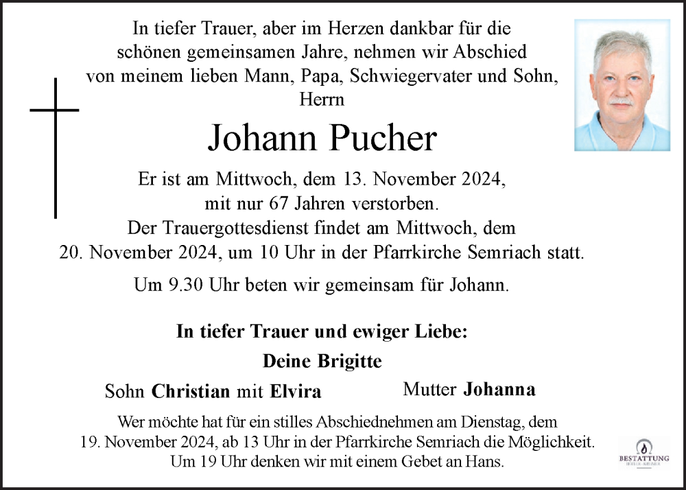  Traueranzeige für Johann Pucher vom 17.11.2024 aus Kleine Zeitung