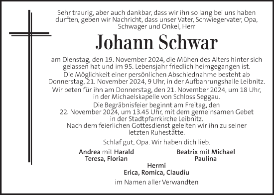 Traueranzeige von Johann Schwar von Kleine Zeitung