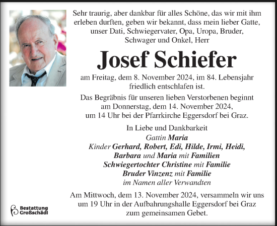 Traueranzeige von Josef Schiefer von Kleine Zeitung