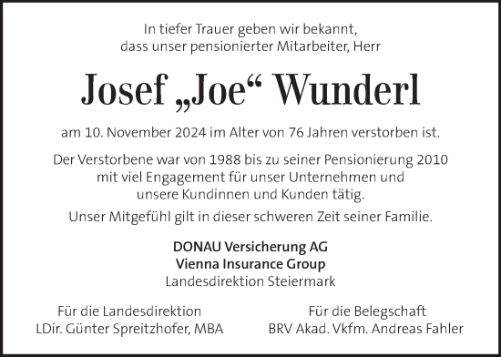 Traueranzeige von Josef Wunderl von Kleine Zeitung