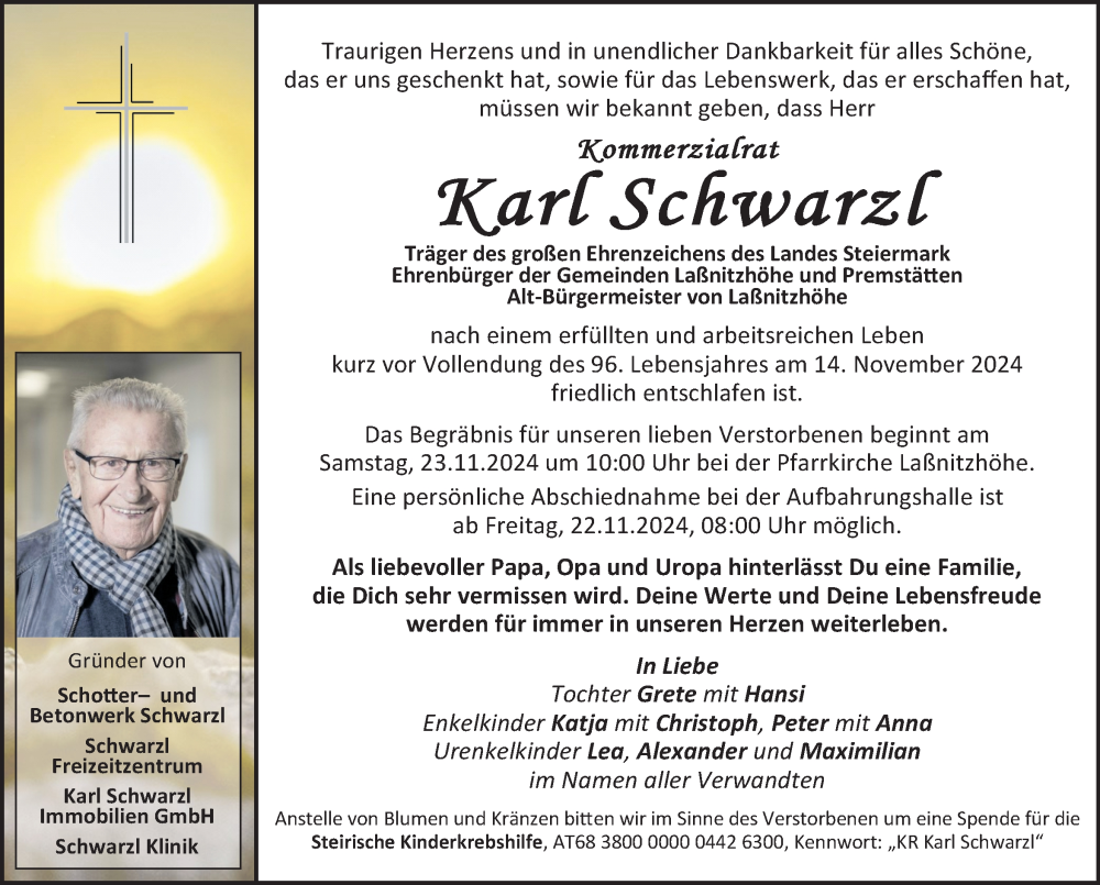  Traueranzeige für Karl Schwarzl vom 17.11.2024 aus Kleine Zeitung