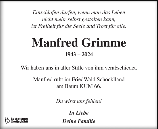 Traueranzeige von Manfred Grimme von Kleine Zeitung