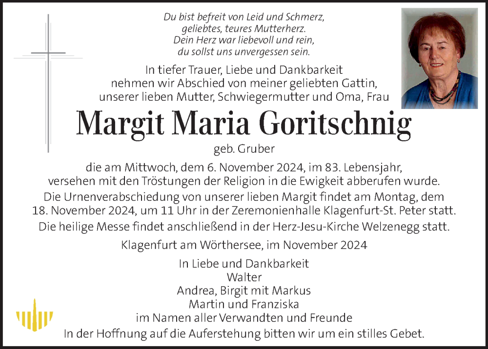  Traueranzeige für Margit  Goritschnig vom 14.11.2024 aus Kleine Zeitung